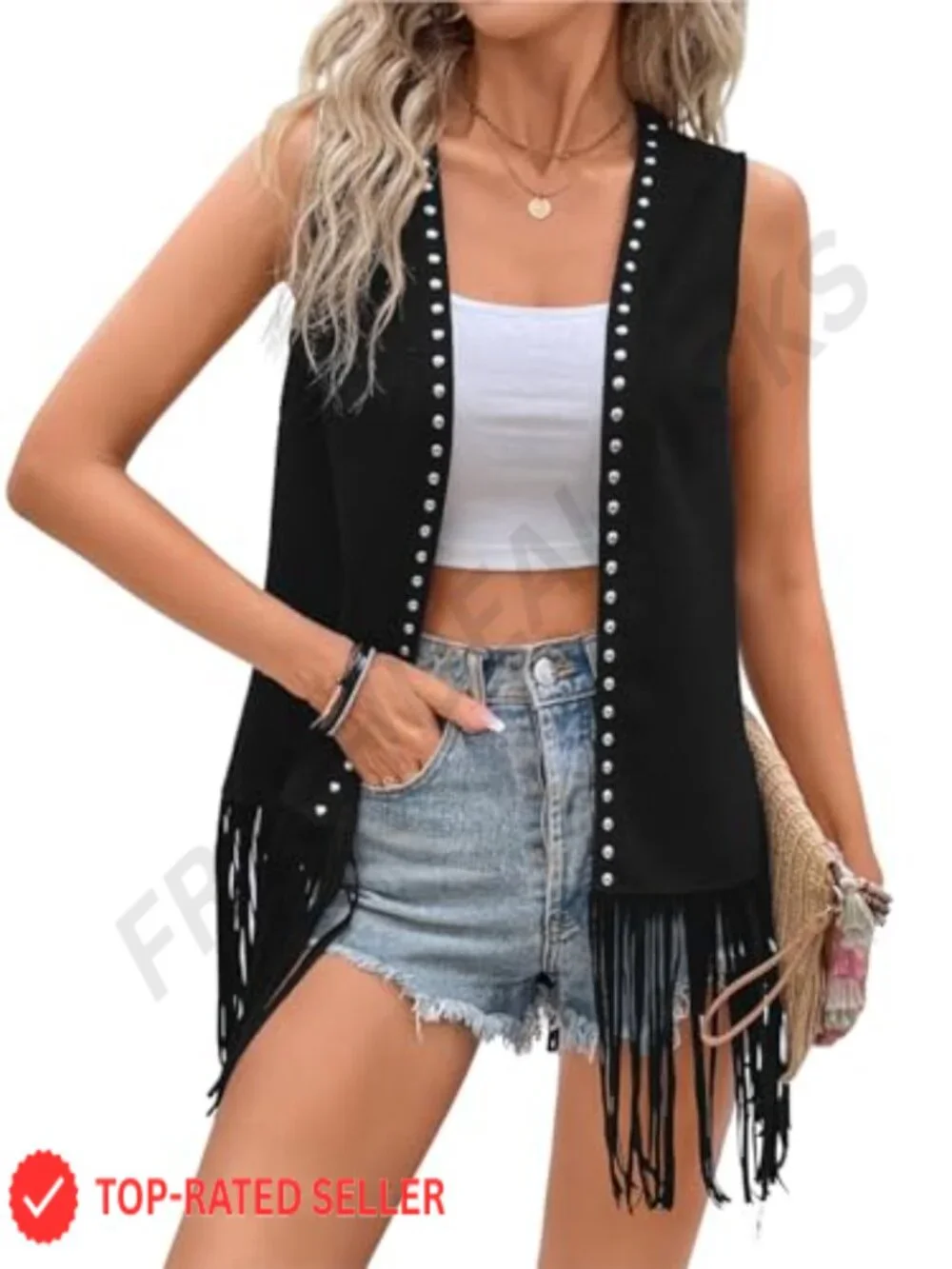 Women's Fringe Vest 70s Hippie Rivets Tassel Sleeveless Studded Jacket